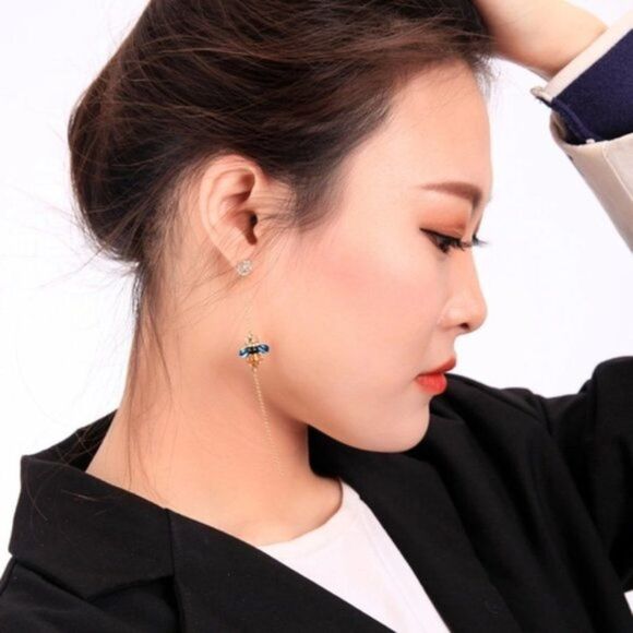 Blue Enamel Glaze Mismatch Crystal Bee Asymmetrical Gold Statement Drop Earrings - Picture 5 of 13